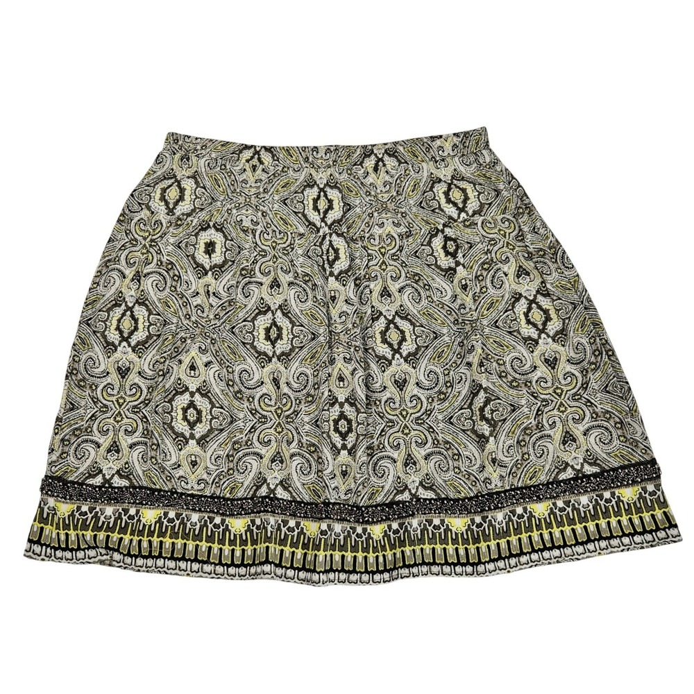 Dress Barn Women L Paisley Medallion Beaded Trim A-Line Skirt‎ Olive Yellow Boho